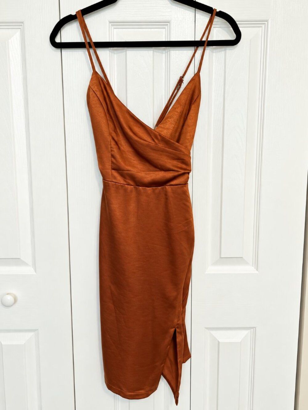 Lulus NWT Hot Night Out Bronze Satin Faux-Wrap Mini Dress - Size XS